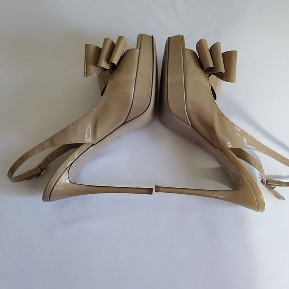 Valentino Platform Nude Patent Leather Peep Toe Sandals, Triple Bow, Sz 9, EUC - Picture 5 of 8